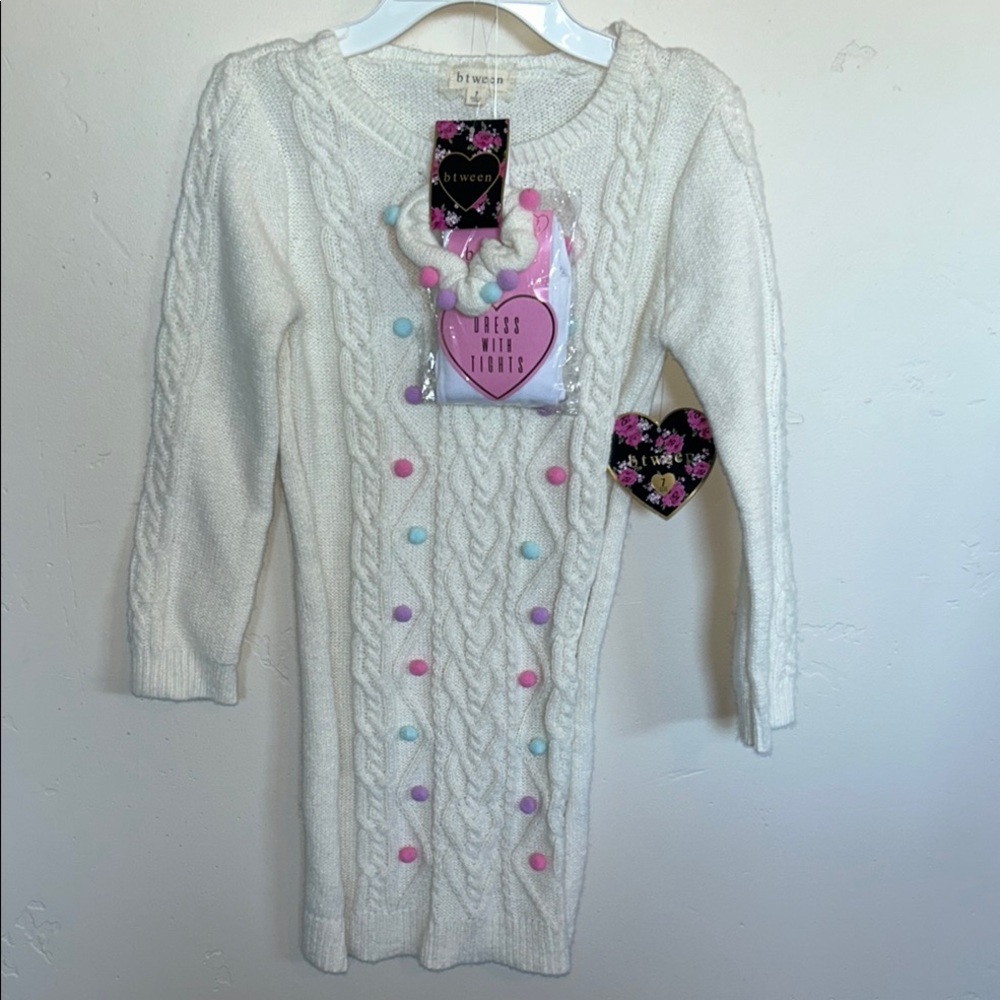btween White/Cream Sweater Dress with Pastel Pom Pom’s Tights and headband Sz 7